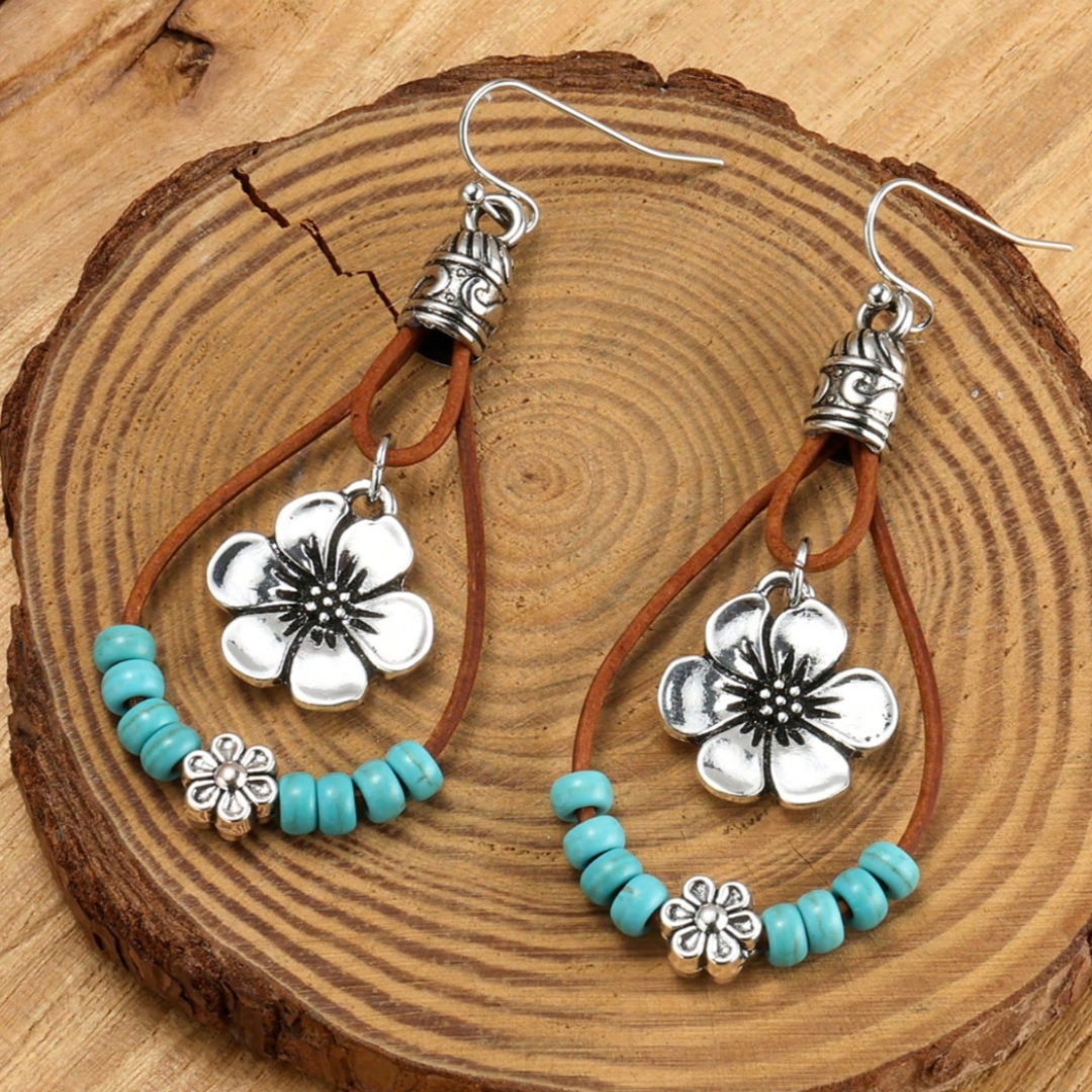 Boho-blomörhängen i silver med turkos