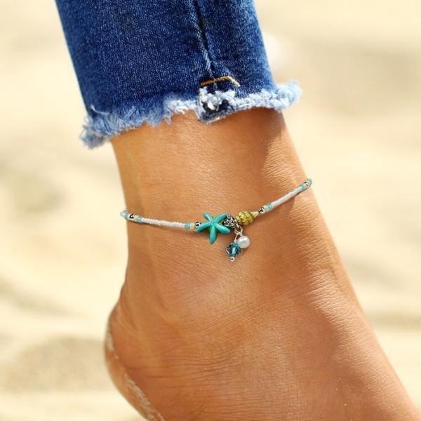 Pulsera Tobillera Estrella Y Concha Con Piedras Naturales