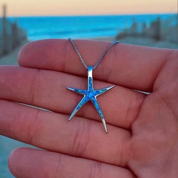 Collar De Opalo Azul Y Plata Estrella De Mar
