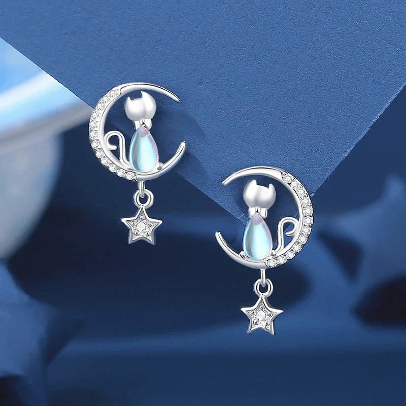 925 Sterling Silver Måne Star Katt Örhängen With Zircon