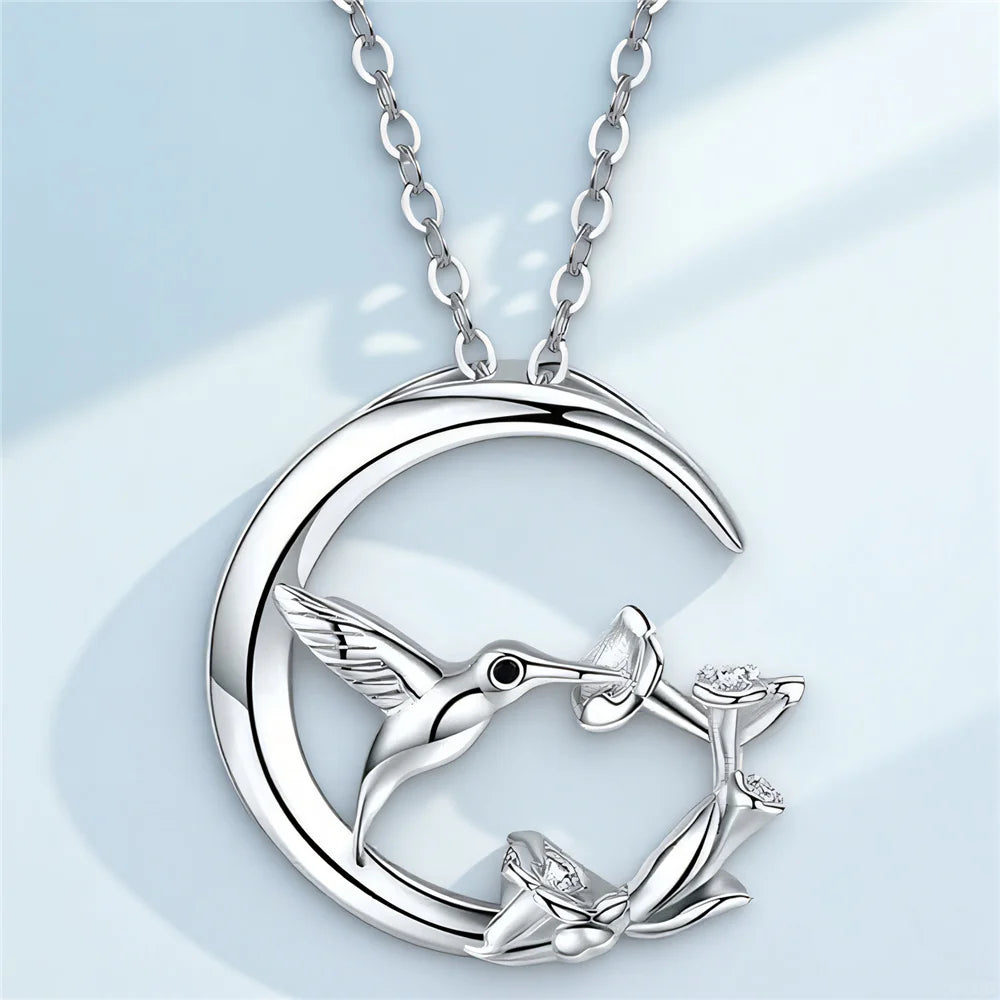 Måne Fågel Vintage Silver Hänge Halsband