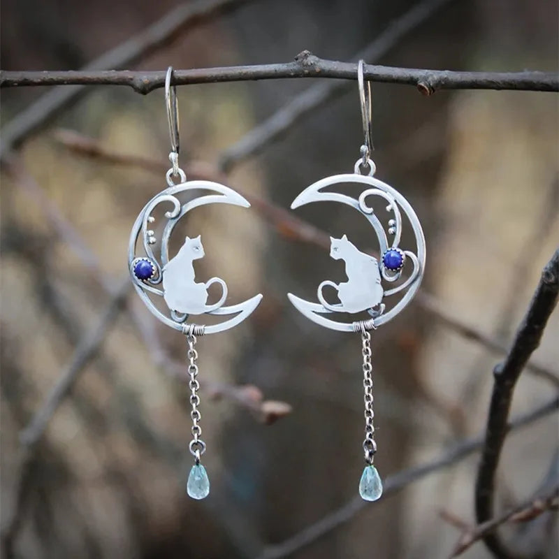 Moonlight Katt Örhängen Vintage Crescent Design With Lapis Lazuli Gemstone