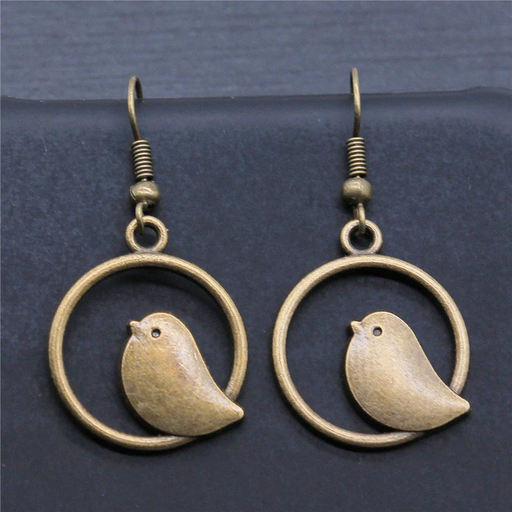 Vintage Fågel Berlock Drop Örhängen Handgjord Boho Jewelry