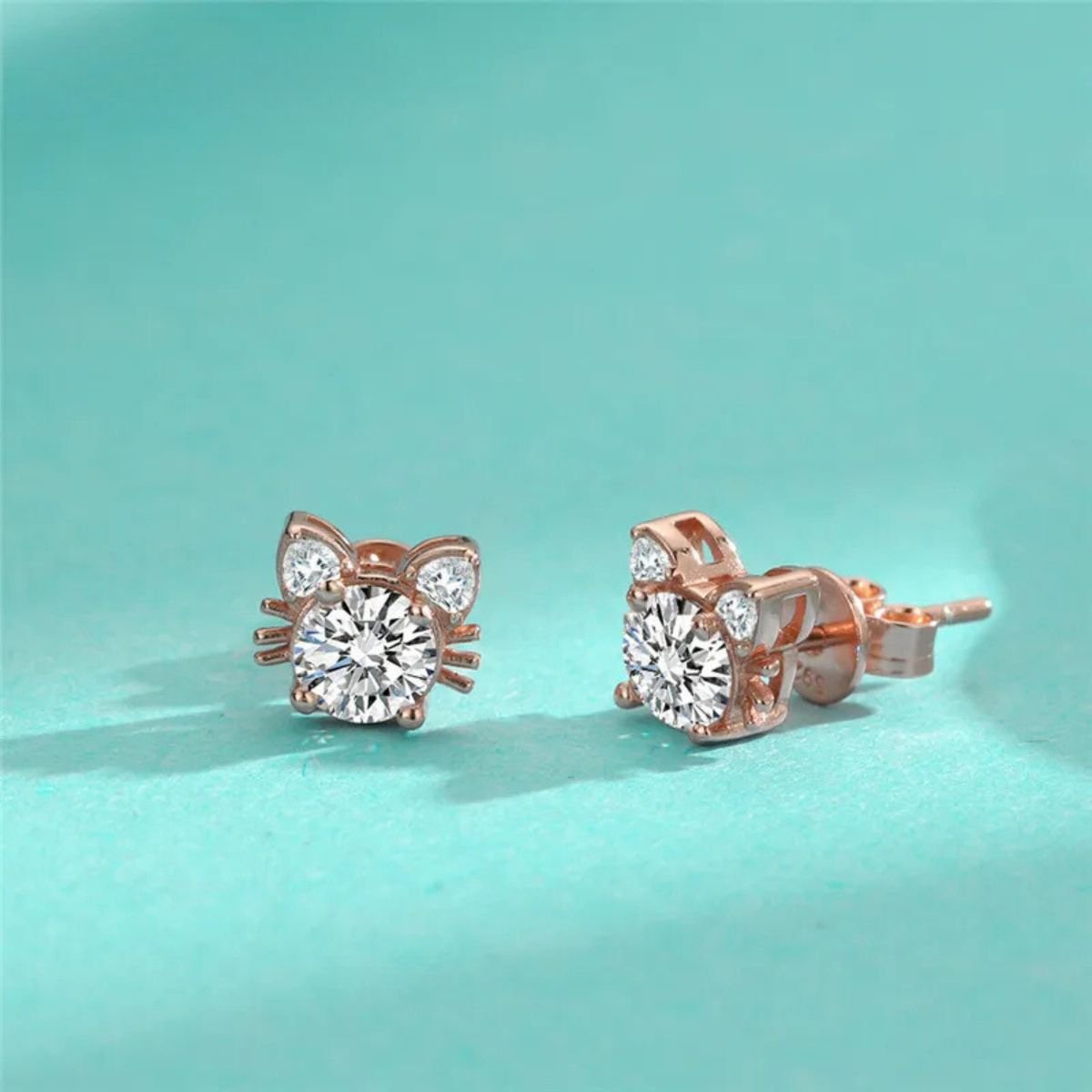 Moissanite Ros Guld Katt Stud Örhängen In 925 Sterling Silver