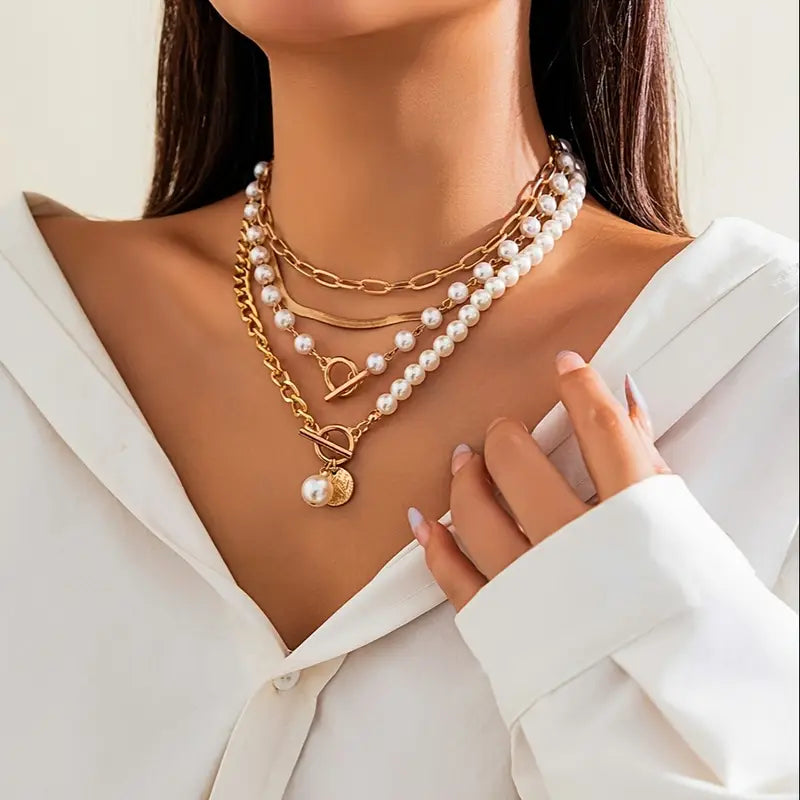 Vintage Pärla & Guld Snake kedjehalsband Set | Guld