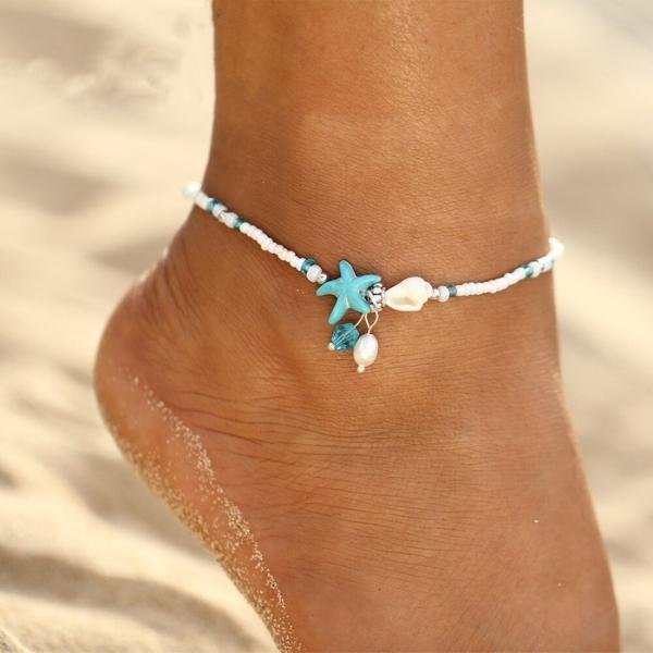 Pulsera Tobillera Estrella Y Concha Con Piedras Naturales