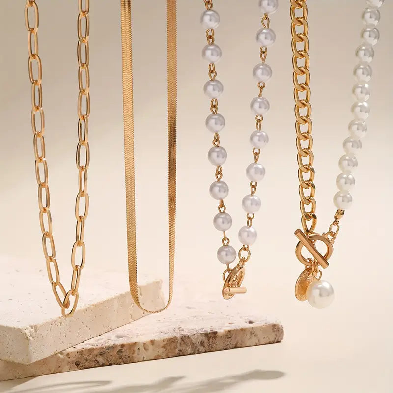 Vintage Pärla & Guld Snake kedjehalsband Set | Guld