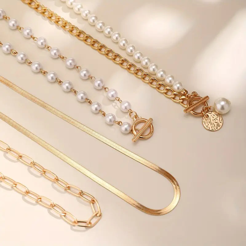 Vintage Pärla & Guld Snake kedjehalsband Set | Guld
