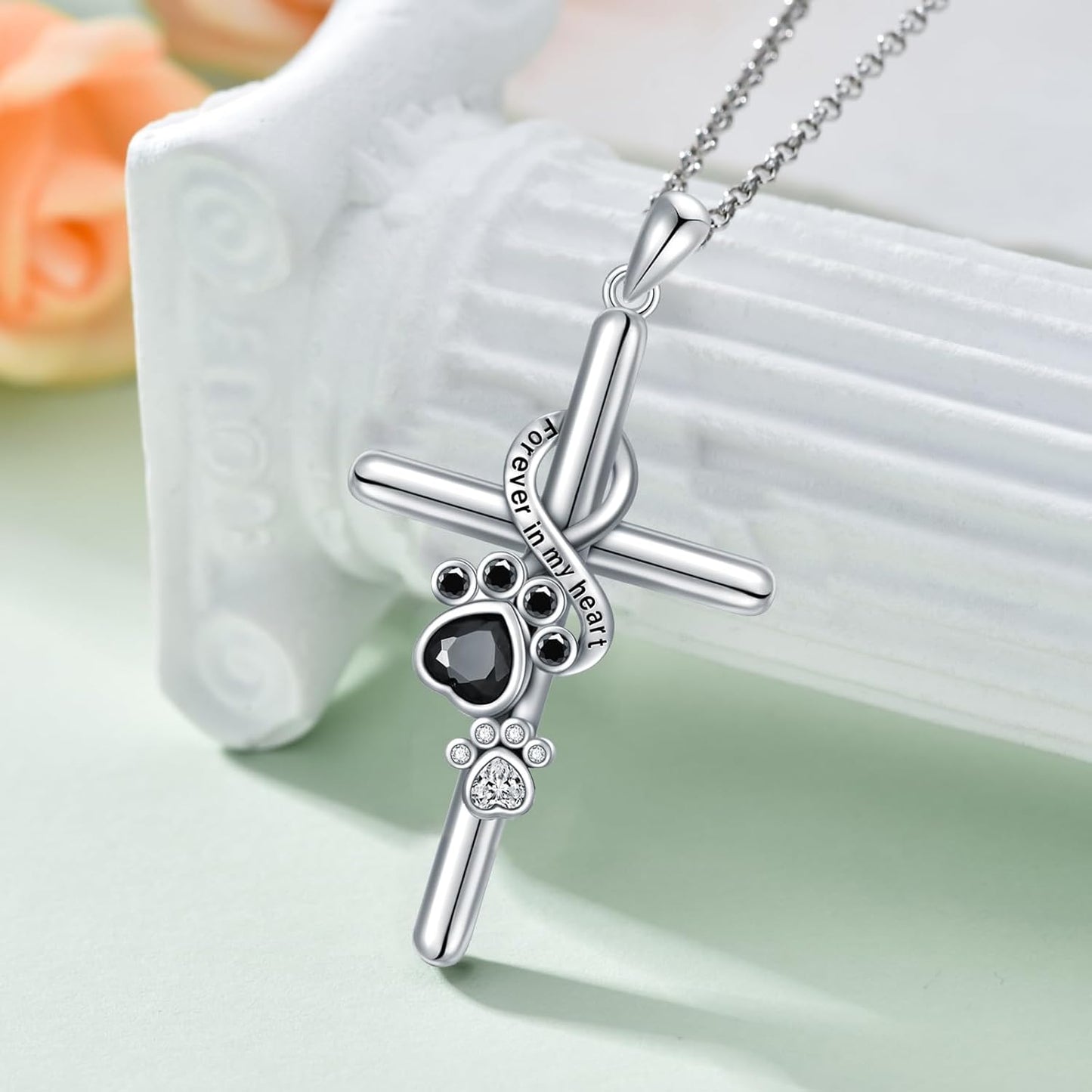 Sterling Silver Pawprint Cross Memorial Halsband