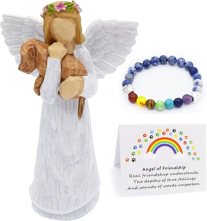 Hund Memorial Gift Set With Ängel Of Friendship Figurine Rainbow Bridge Chakra Armband