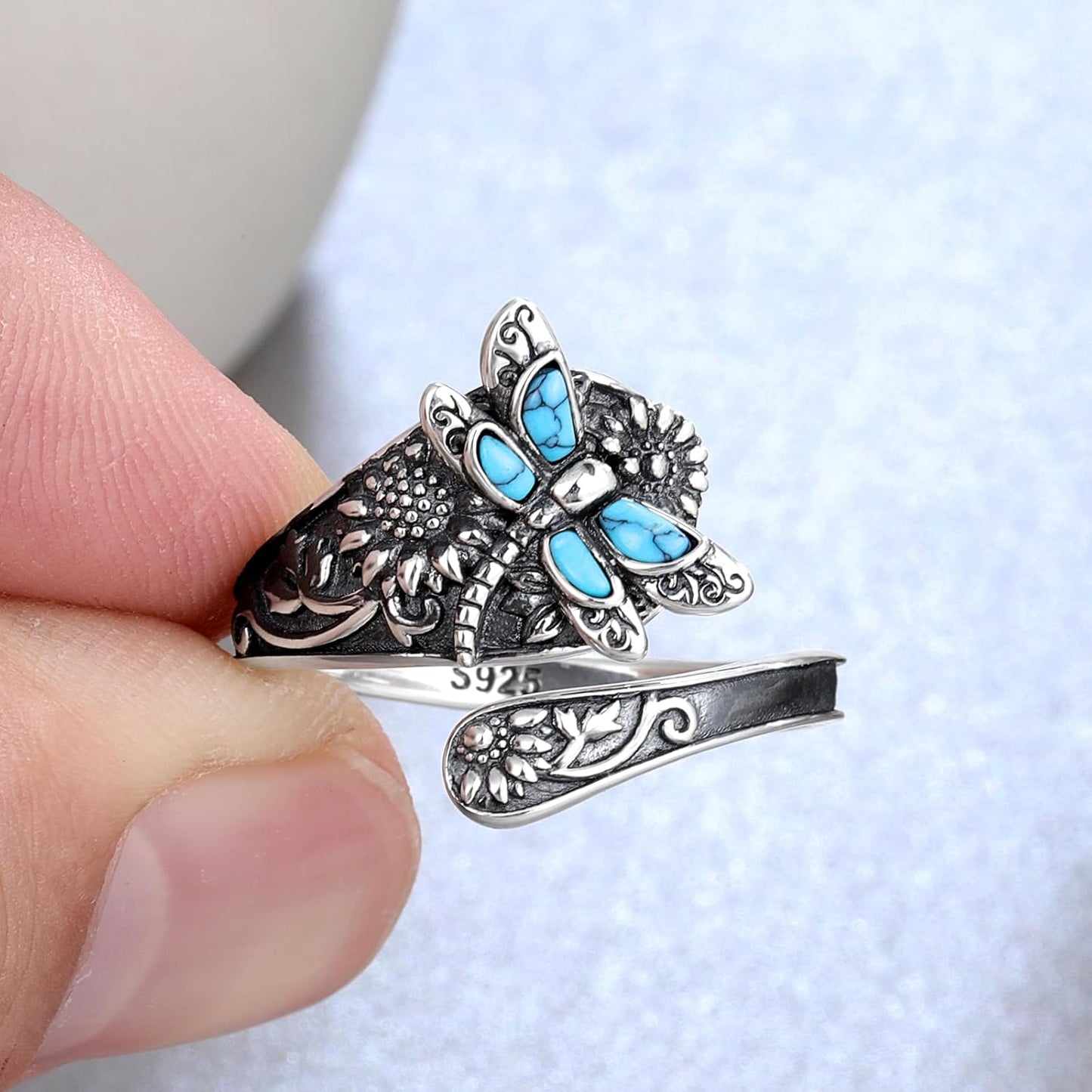 Sterling Silver Turquoise Spoon Ring Vintage Boho Wrap Ring With Trollslända