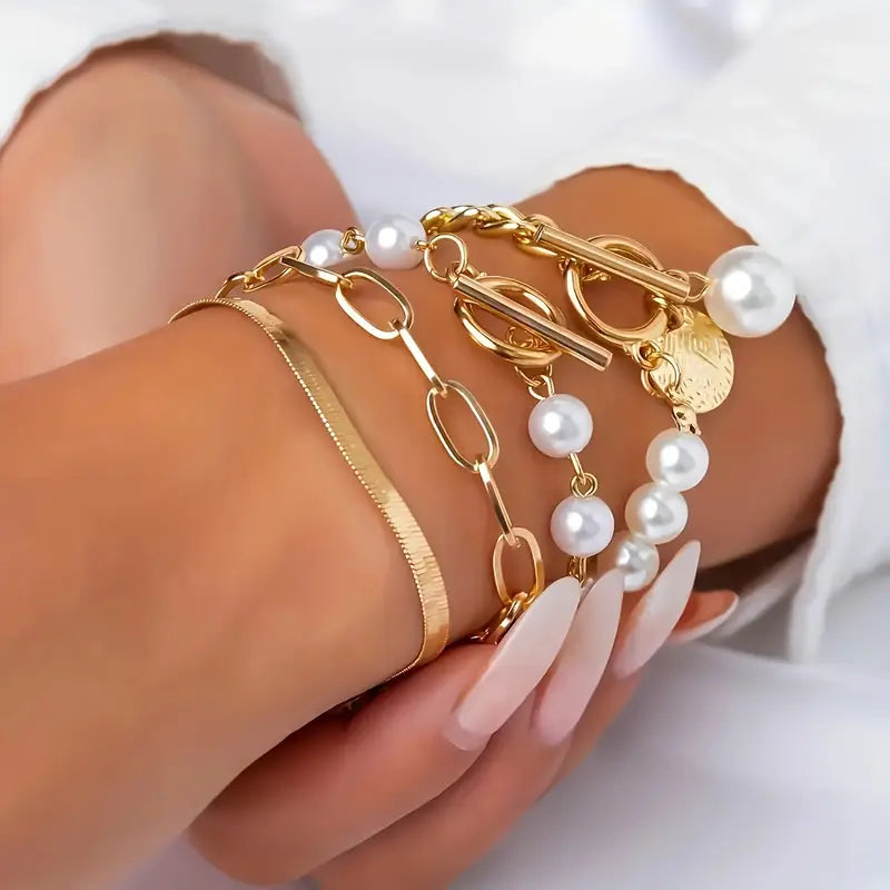 Chic Guld 4-Delars armband Set - Snake, Pearls & Links | Guld
