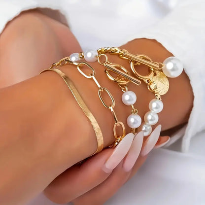 Chic Guld 4-Delars armband Set - Snake, Pearls & Links | Guld