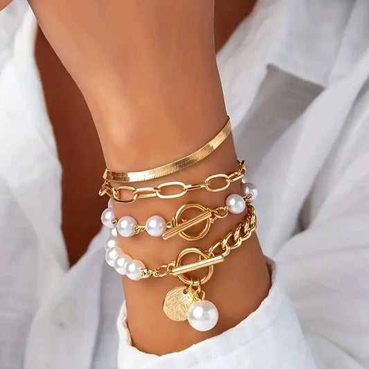 Chic Guld 4-Delars armband Set - Snake, Pearls & Links | Guld
