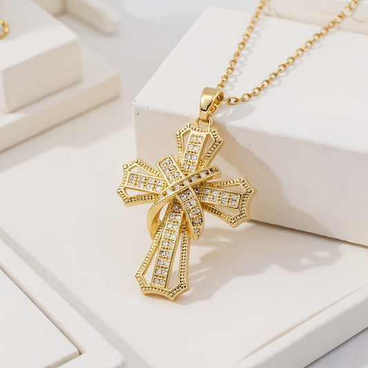 Strålande Kors halsband med hänge | Guld