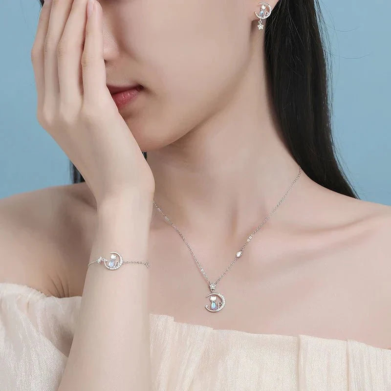 925 Sterling Silver Måne Star Katt Örhängen With Zircon