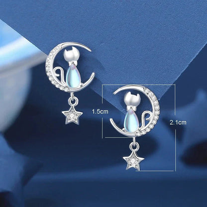 925 Sterling Silver Måne Star Katt Örhängen With Zircon