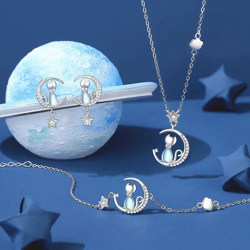 925 Sterling Silver Måne Star Katt Örhängen With Zircon
