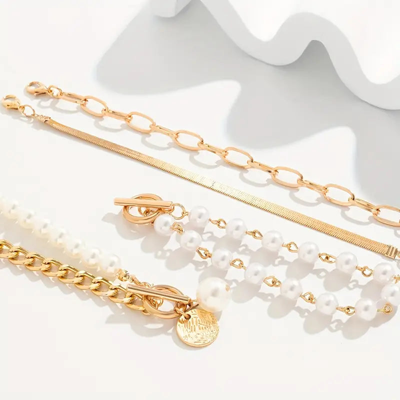 Chic Guld 4-Delars armband Set - Snake, Pearls & Links | Guld