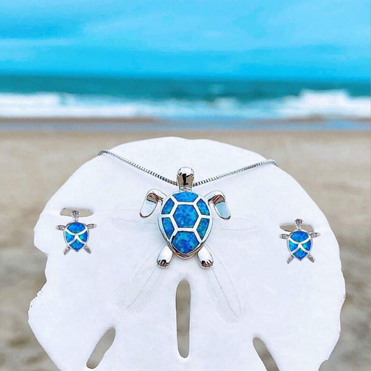 Conjunto Collar Pendientes De Tortuga Marina En Opalo Y Plata