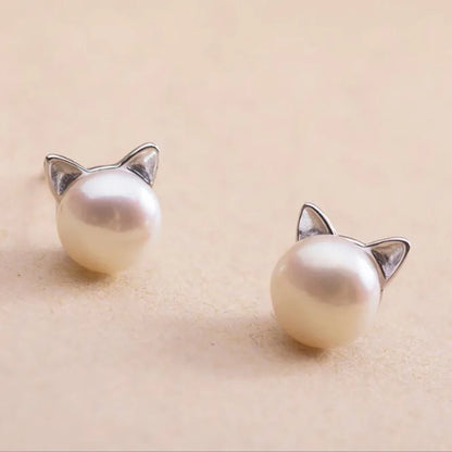 Sterling Silver Katt Pärla Stud Örhängen