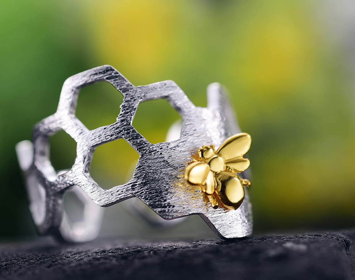 Justerbar 18k Guld Plated Honeycomb Ring