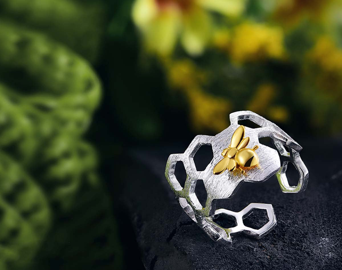 Justerbar 18k Guld Plated Honeycomb Ring