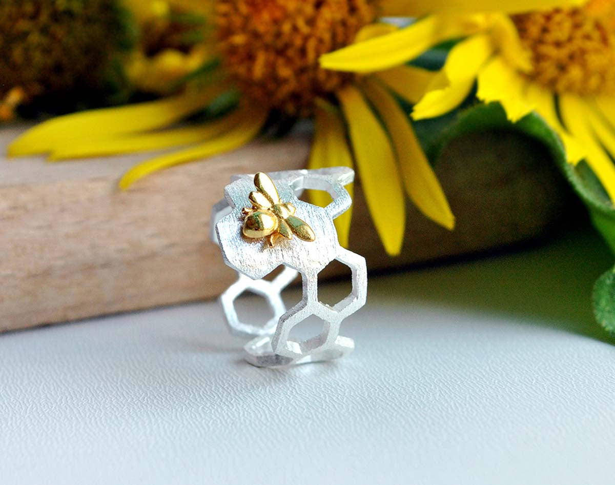 Justerbar 18k Guld Plated Honeycomb Ring