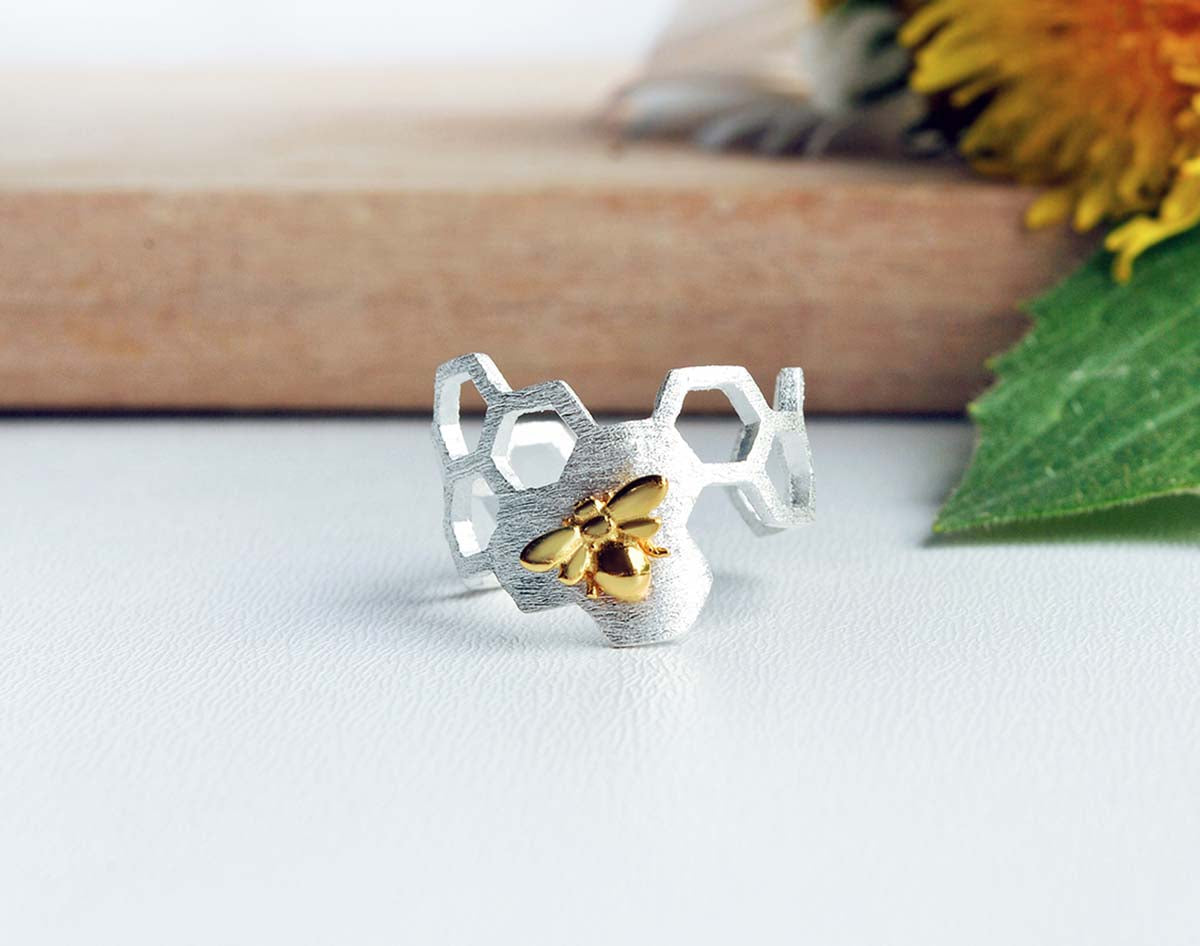 Justerbar 18k Guld Plated Honeycomb Ring