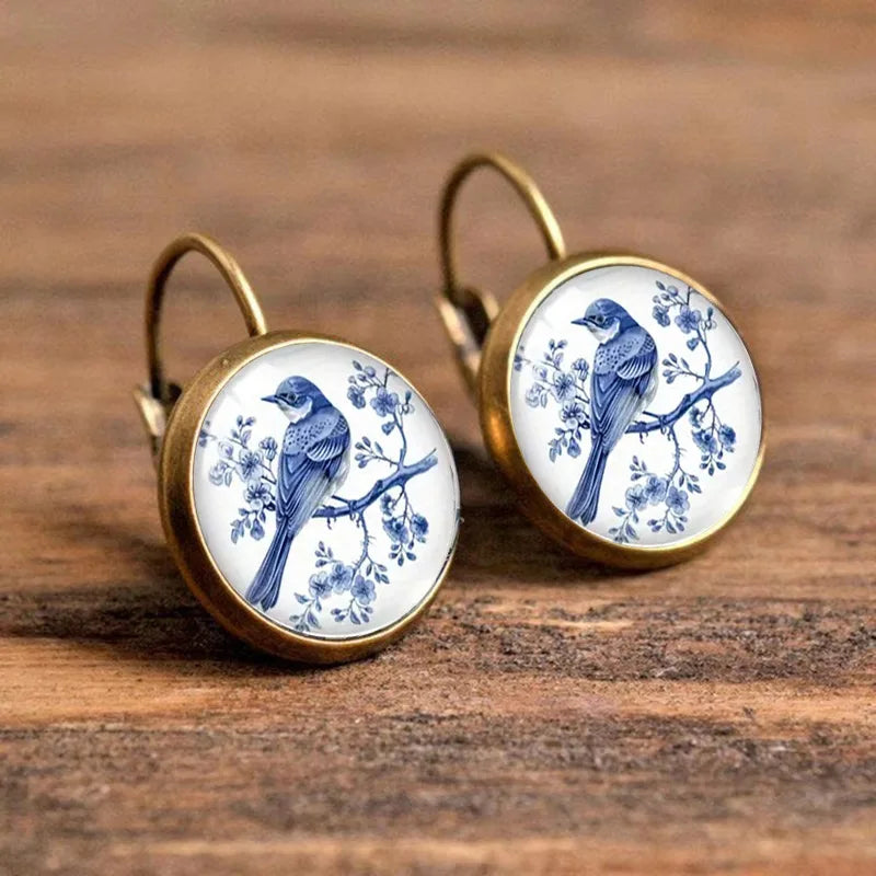 Vintage Blue Magpie Glass Dome Örhängen