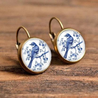 Vintage Blue Magpie Glass Dome Örhängen
