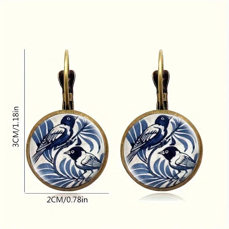 Vintage Blue Magpie Glass Dome Örhängen