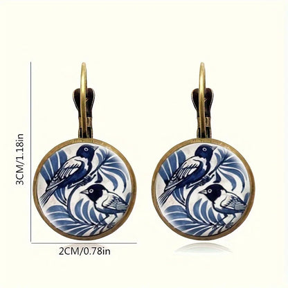 Vintage Blue Magpie Glass Dome Örhängen