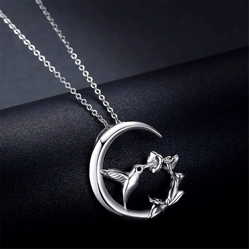 Måne Fågel Vintage Silver Hänge Halsband