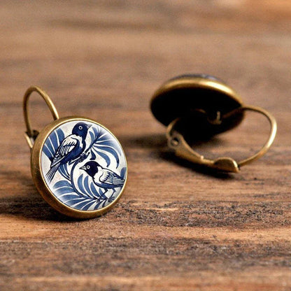 Vintage Blue Magpie Glass Dome Örhängen