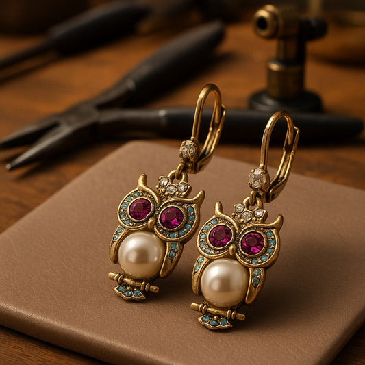 Vintage Uggla Kristall Örhängen Guld Plated Hand Set Crystals Pärla Detail
