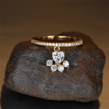 Vintage Katt Tass Hjärta Stone Ring Guld Silver Tone