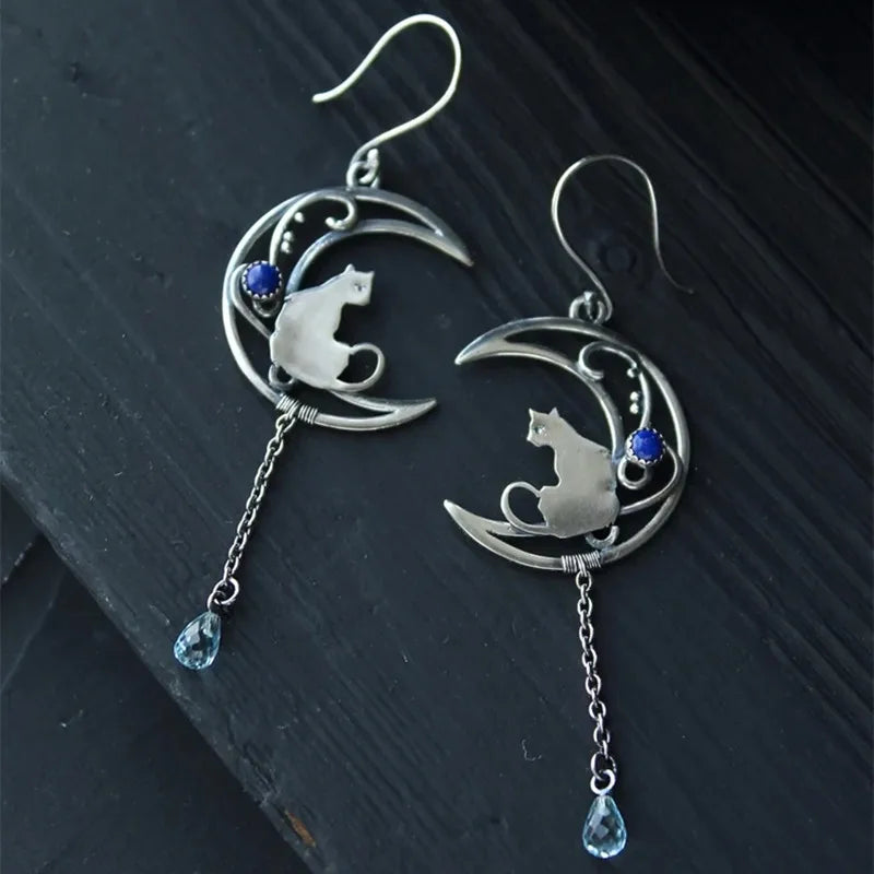Moonlight Katt Örhängen Vintage Crescent Design With Lapis Lazuli Gemstone