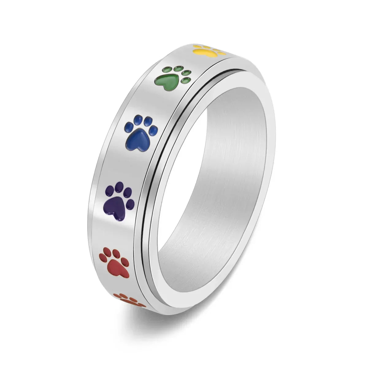 Spinning Anti Stress Tass Ring Rostfritt stål With Rainbow Paws