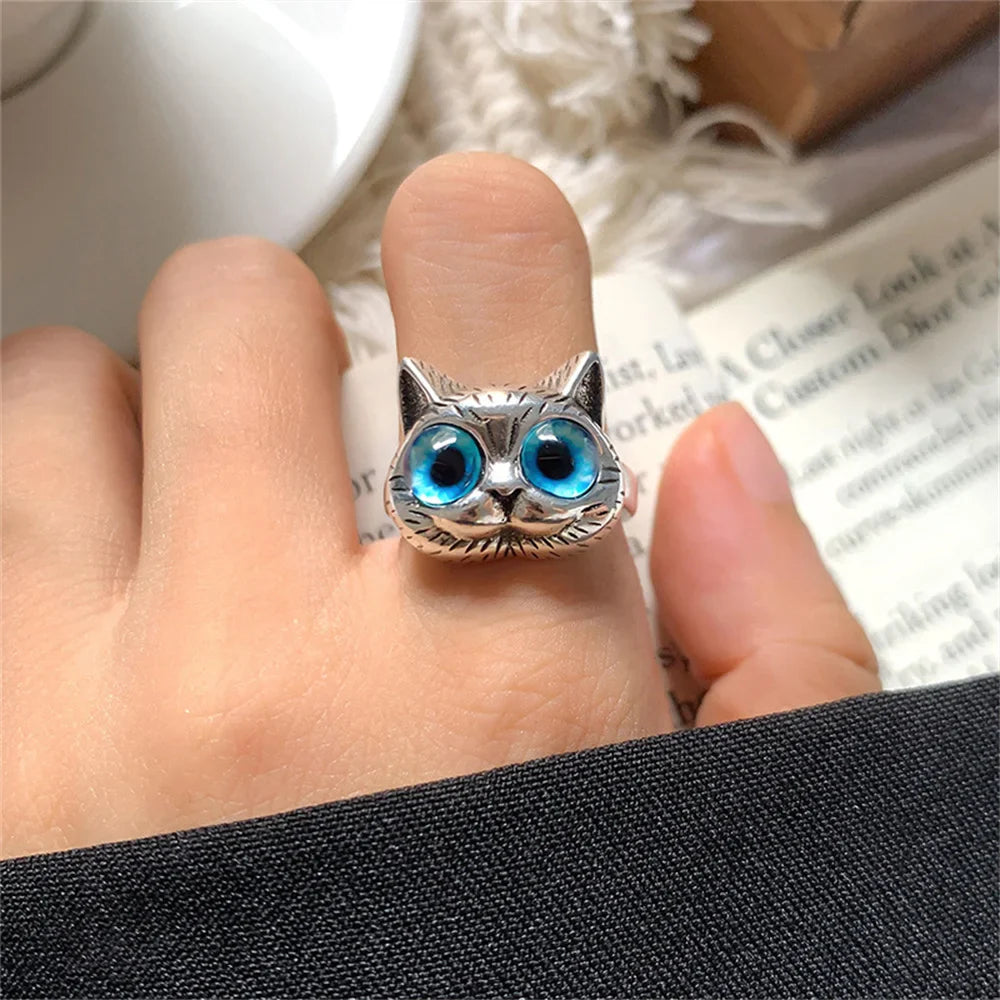 Blue Eyed Katt Ring Playful Vintage Silver Animal Ring For Katt Lovers