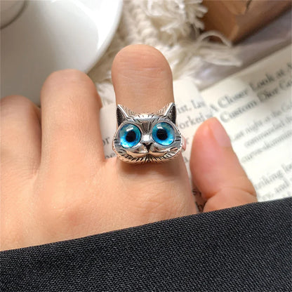Blue Eyed Katt Ring Playful Vintage Silver Animal Ring For Katt Lovers