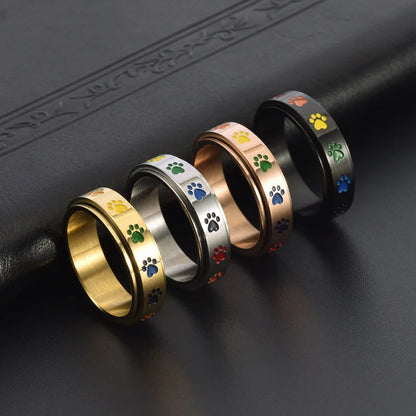 Spinning Anti Stress Tass Ring Rostfritt stål With Rainbow Paws