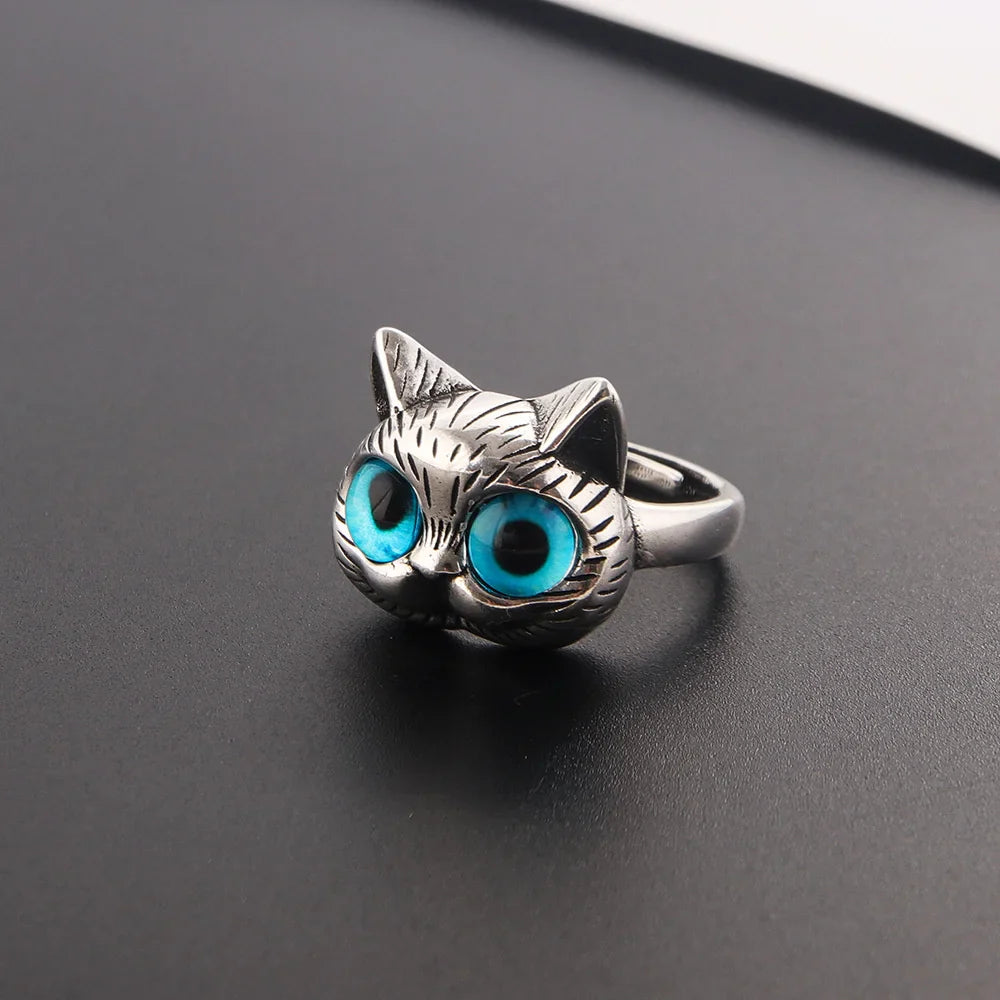 Blue Eyed Katt Ring Playful Vintage Silver Animal Ring For Katt Lovers
