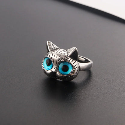 Blue Eyed Katt Ring Playful Vintage Silver Animal Ring For Katt Lovers