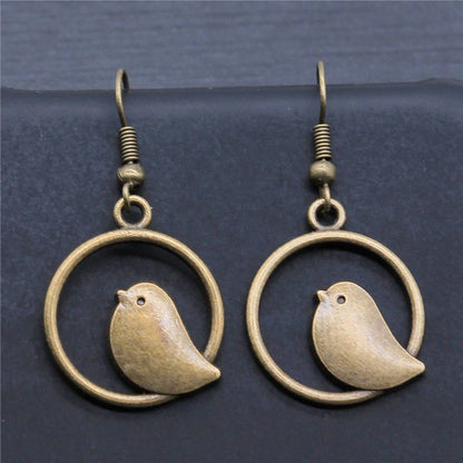 Vintage Fågel Berlock Drop Örhängen Handgjord Boho Jewelry