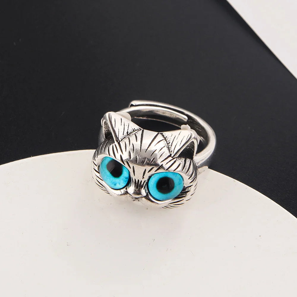 Blue Eyed Katt Ring Playful Vintage Silver Animal Ring For Katt Lovers