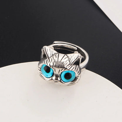 Blue Eyed Katt Ring Playful Vintage Silver Animal Ring For Katt Lovers