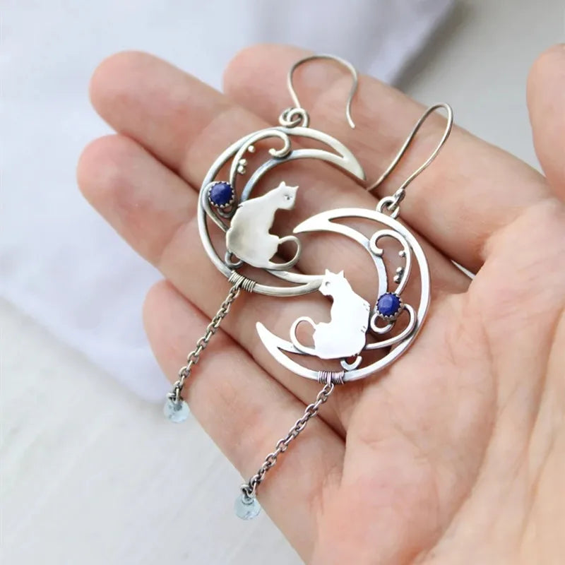 Moonlight Katt Örhängen Vintage Crescent Design With Lapis Lazuli Gemstone