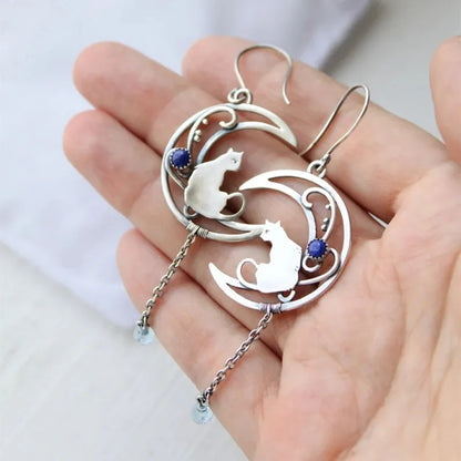 Moonlight Katt Örhängen Vintage Crescent Design With Lapis Lazuli Gemstone