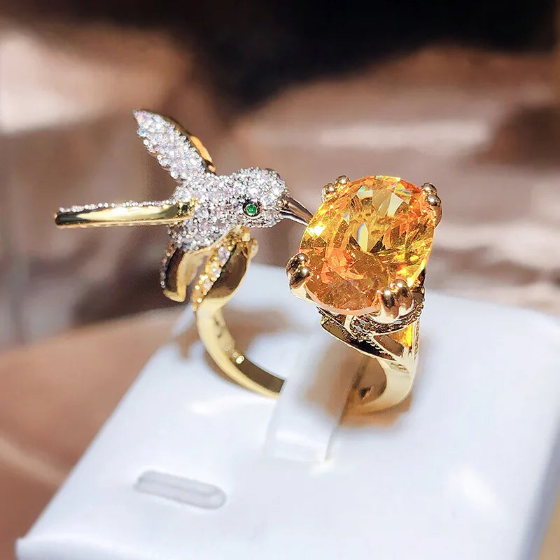 Justerbar Kolibri Gemstone Ring Zircon 14k Guld Plated